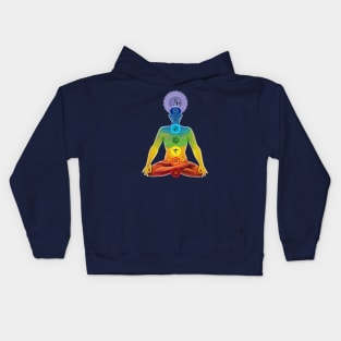 The illuminated man with chakras in the lotus position Kids Hoodie